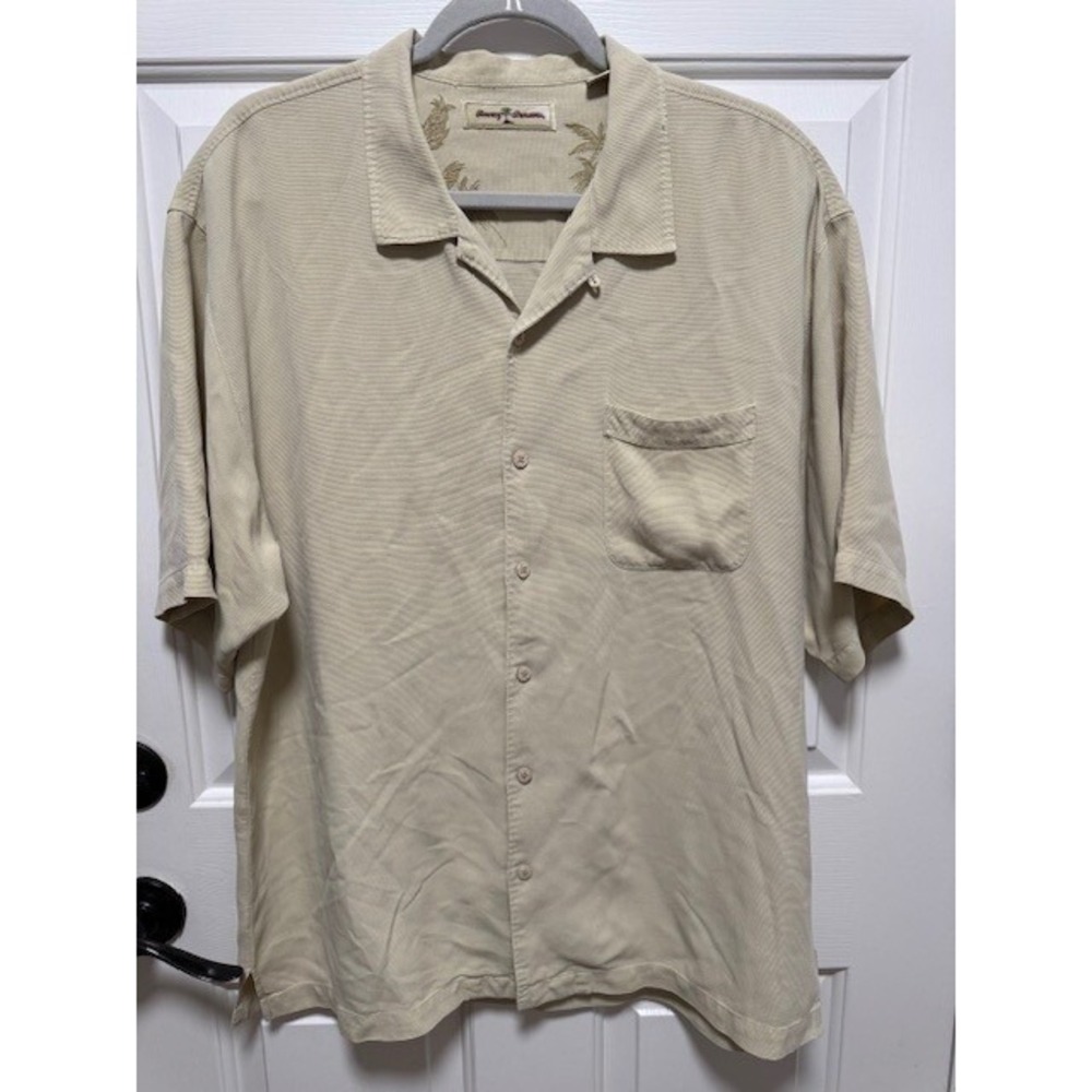 Men's Tommy Bahama 100% Silk collared pocket short sleeve cream/beige Size XL